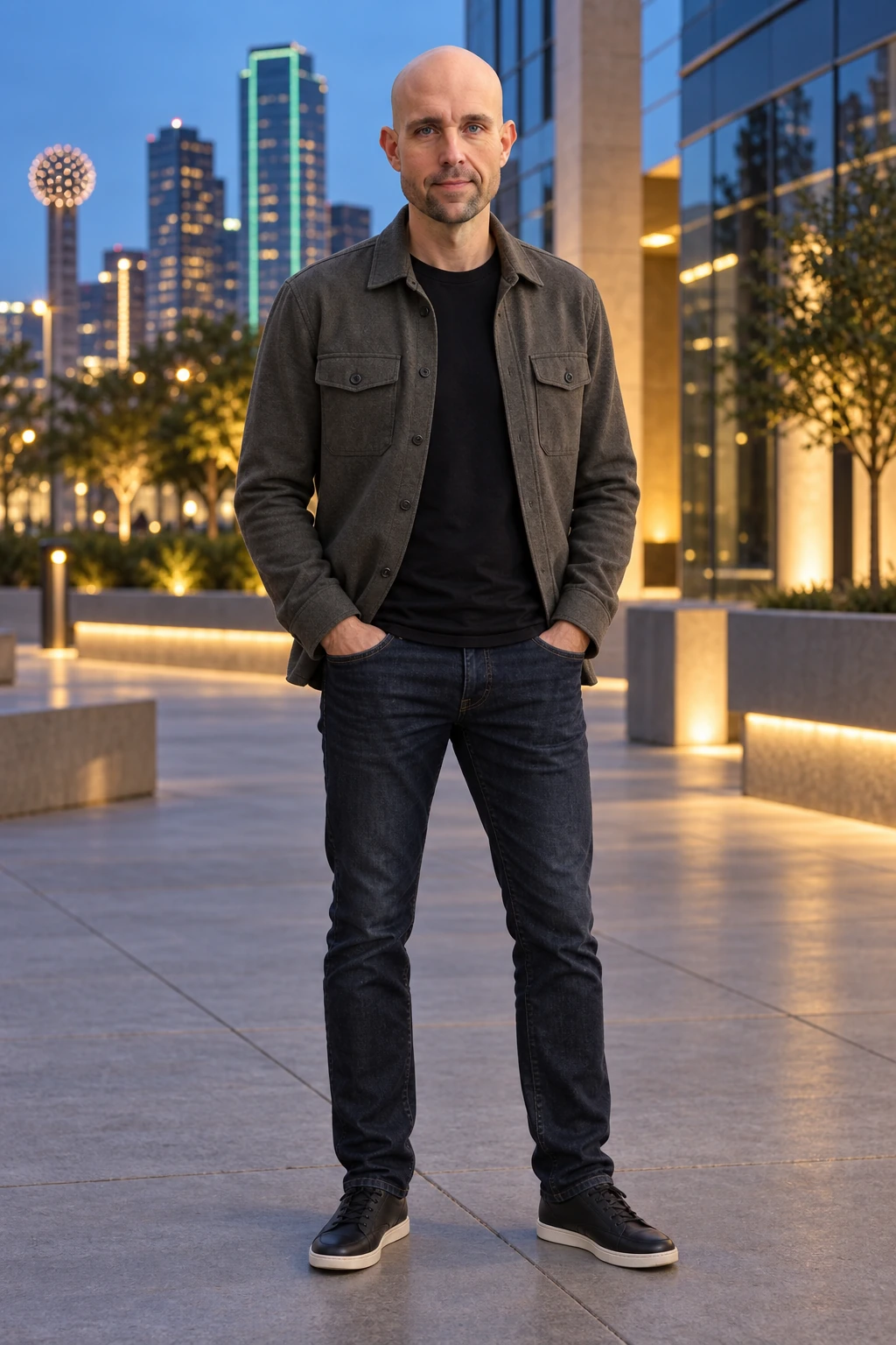 Full-body AI editorial portrait of Jeremy in the city