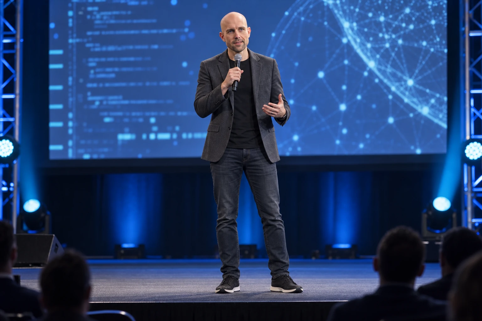 Full-body AI editorial portrait of Jeremy Schoemaker speaking on a conference stage