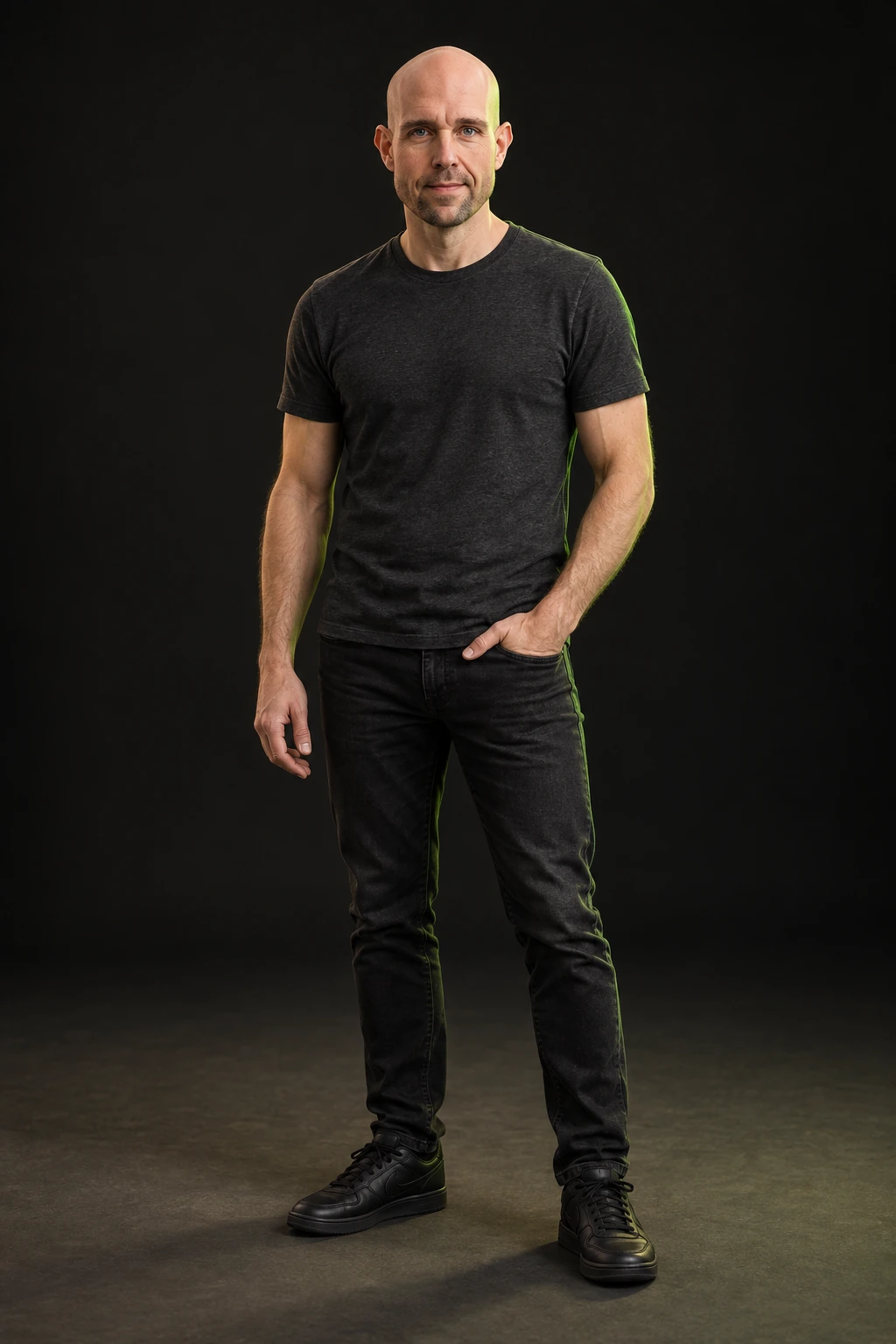 Full-body AI editorial portrait of Jeremy Schoemaker in a dark studio