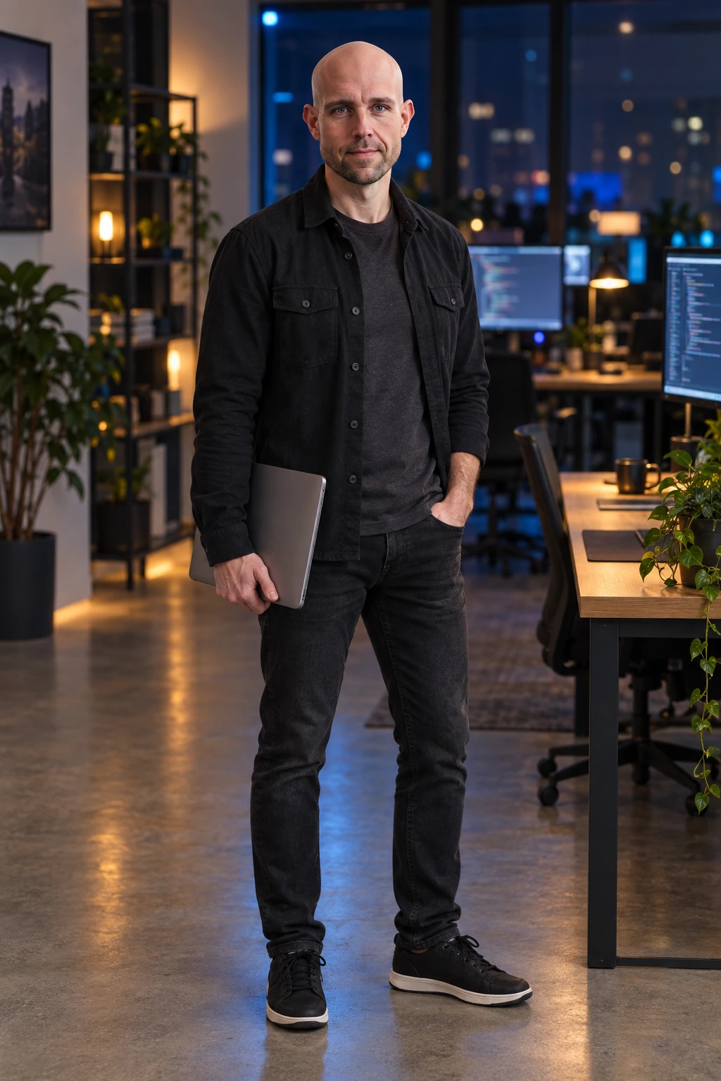 Full-body AI editorial portrait of Jeremy in a developer workspace