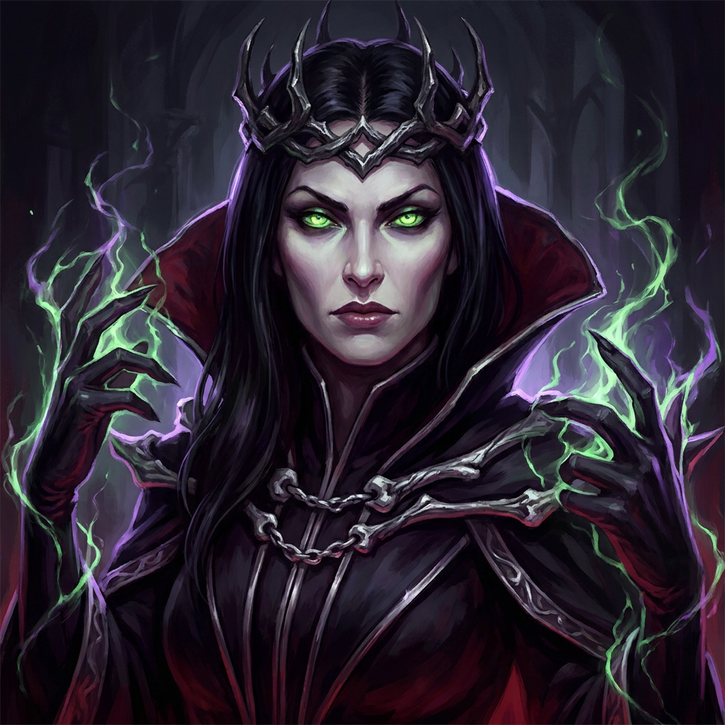 eldritchdm artwork: a crowned dark fantasy sorceress with glowing green eyes